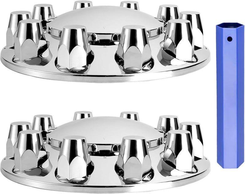 Wehymne Axle Wheel Covers for Semi Truck - 2 Front Hub Covers with 33mm Thread-On Chrome Lug Nut Covers for Semi Truck (Installation Tool Included) - Image 1